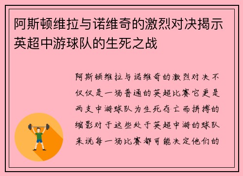 阿斯顿维拉与诺维奇的激烈对决揭示英超中游球队的生死之战